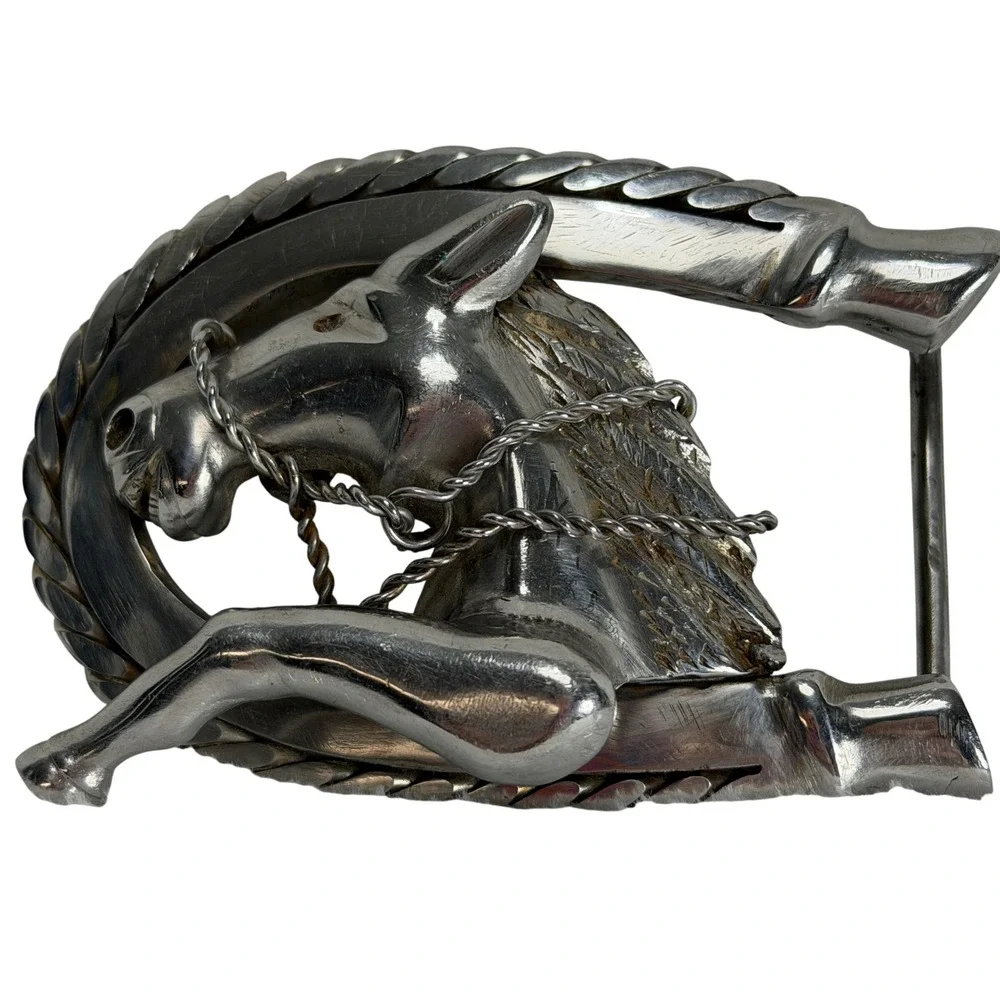 VTG Artisan 3D Horse Horseshoe Belt Buckle Silver Tone Western Equestrian